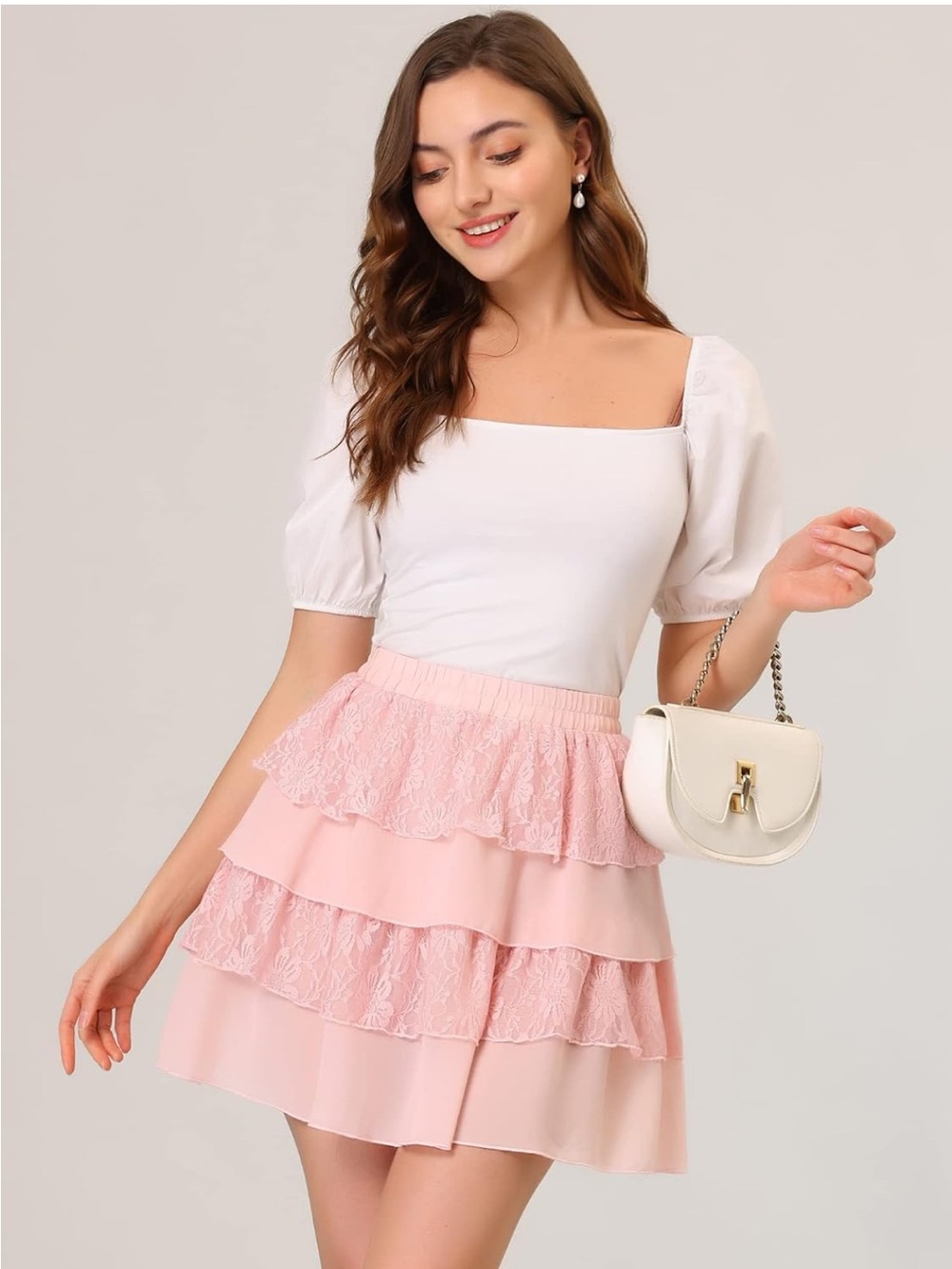 Allegra K Pink High-waisted Tiered Lace Mini Skirt